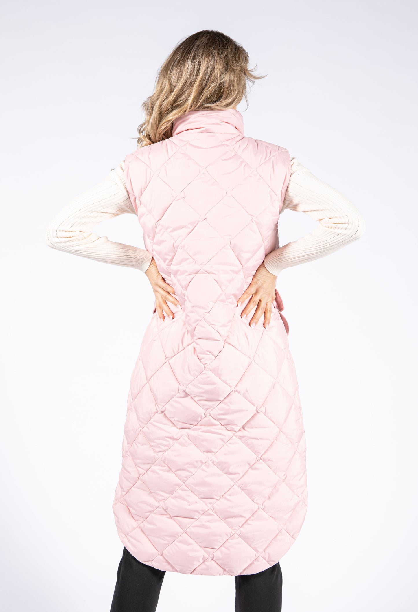 Long Line Quilted Gilet In Powder Pink