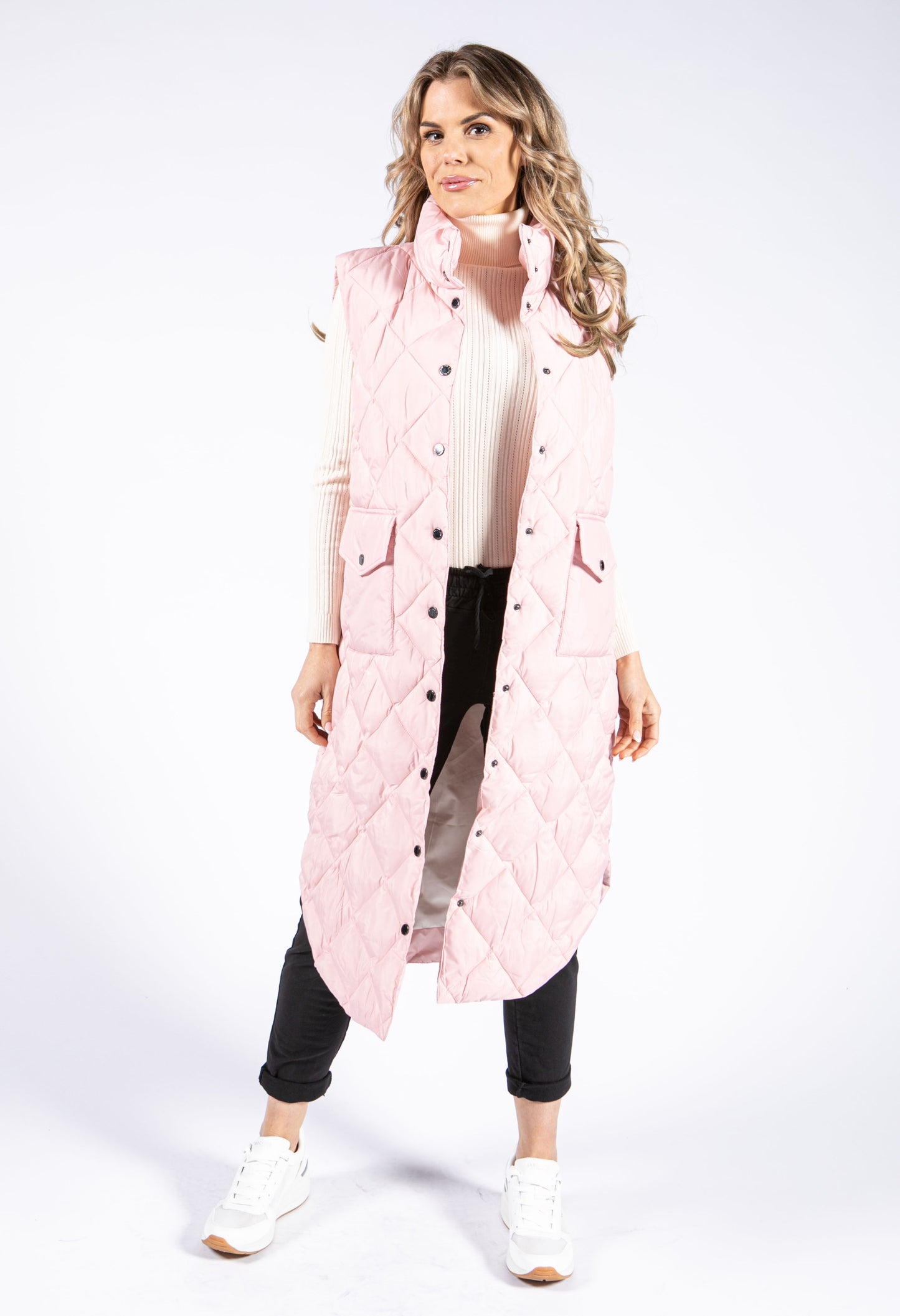 Long Line Quilted Gilet In Powder Pink