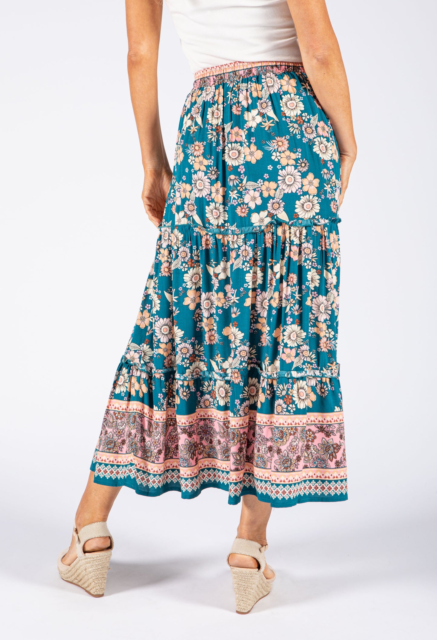 Teal Tiered Floral Maxi Skirt