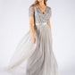 SOFT GREY V NECK SEQUIN AND TULLE DRESS WITH TIE WAIST