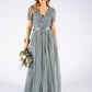MISTY GREEN V NECK SEQUIN AND TULLE DRESS WITH TIE WAIST