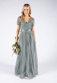 MISTY GREEN V NECK SEQUIN AND TULLE DRESS WITH TIE WAIST
