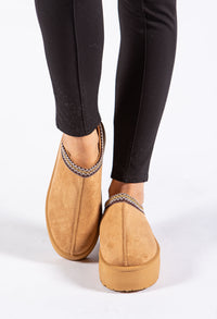 Platform Slip On Boots with Embroidered Trim