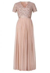Blush V Neck Sequin and Tulle Dress with Tie Waist