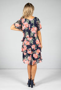 Garden Blossom Print Dress in Peach Navy
