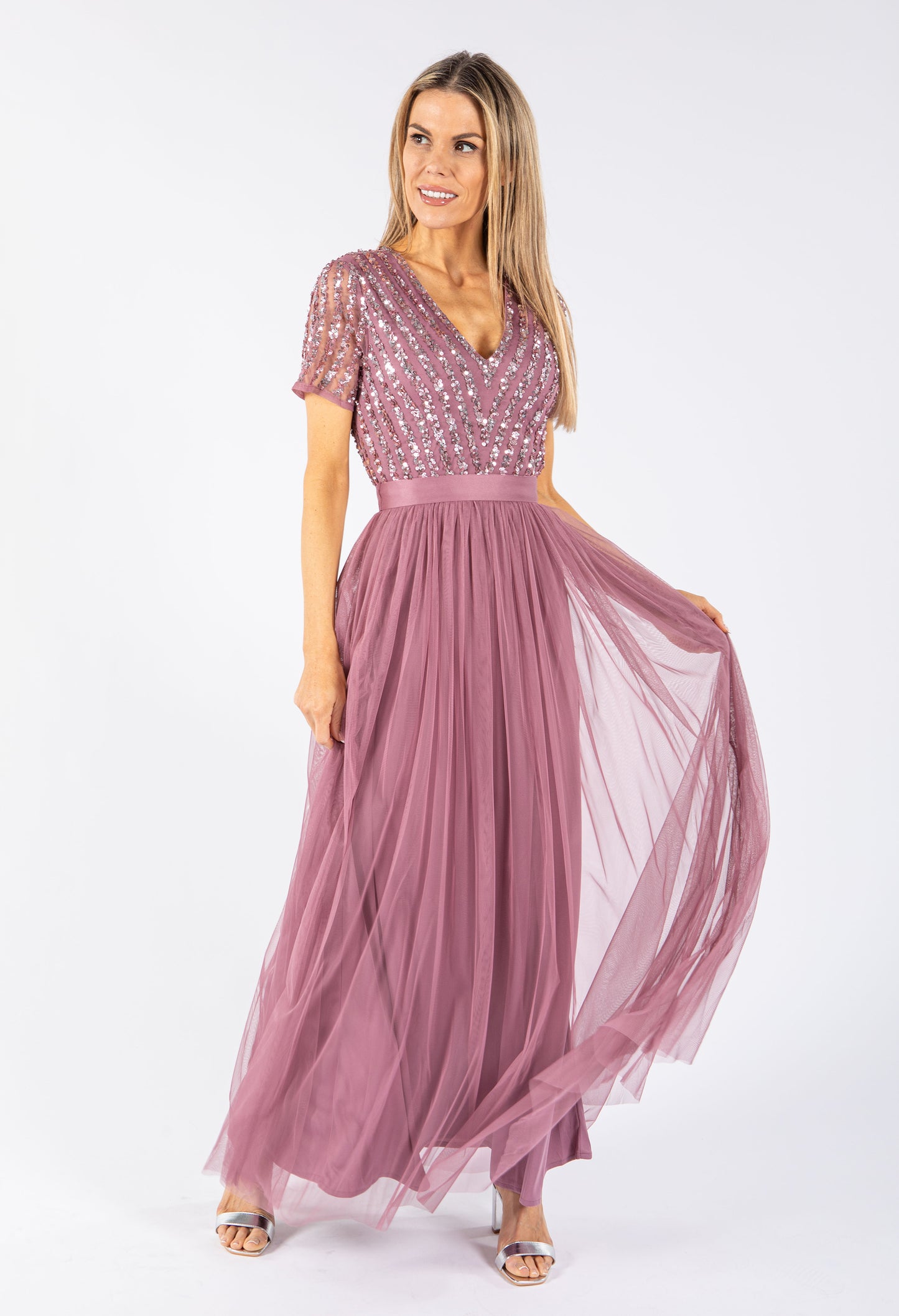 Lotus Pink V NECK SEQUIN AND TULLE DRESS WITH TIE WAIST