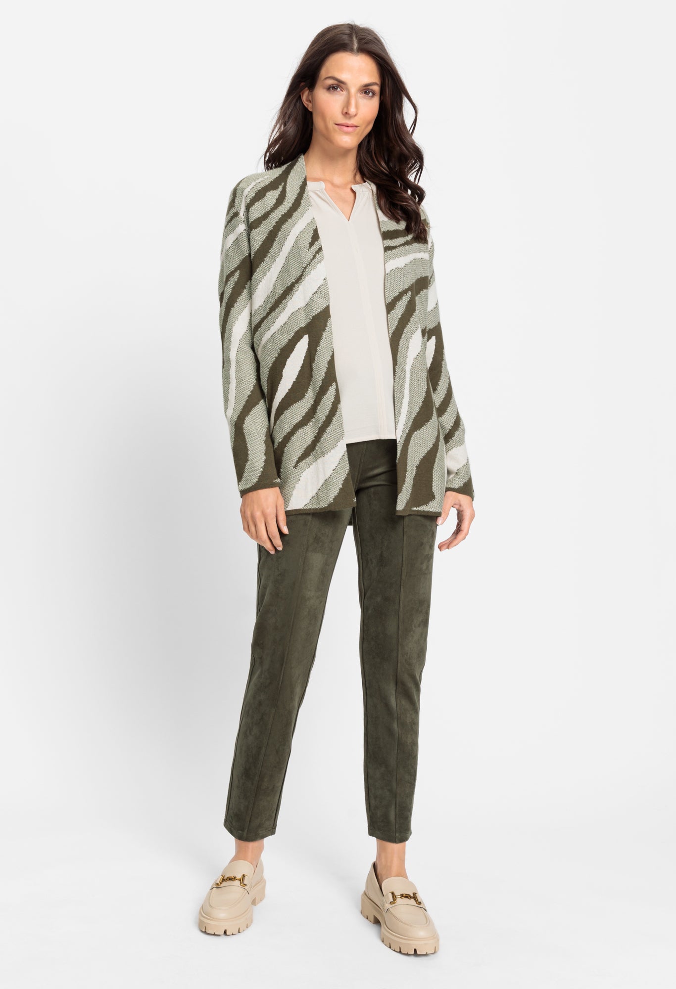 Khaki Ruffled Hem Open Front Cardigan