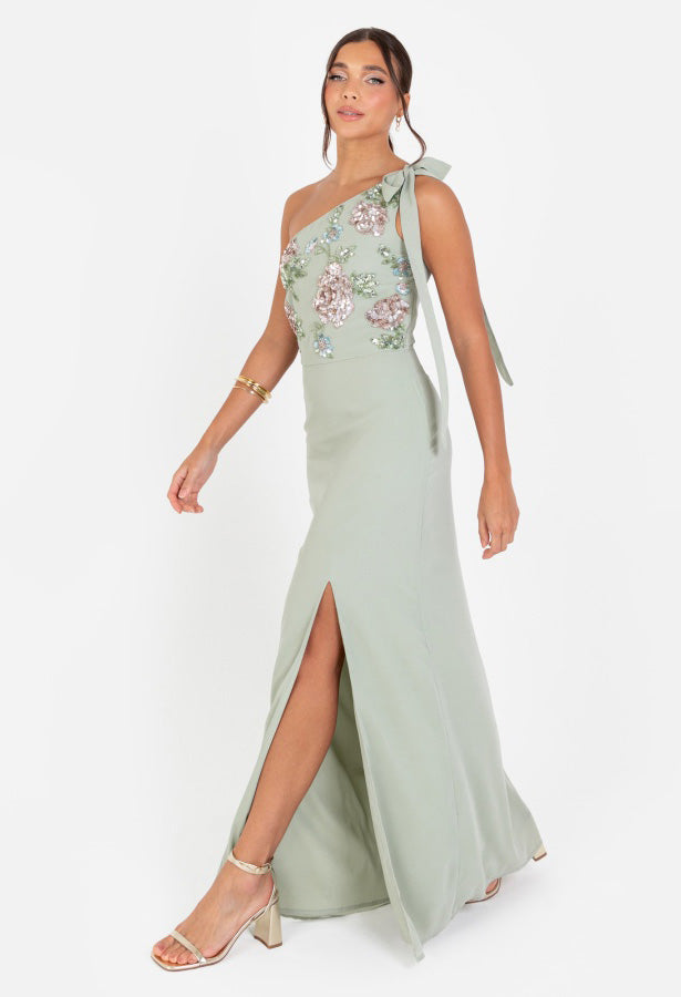 Floral Embellished Self-Tie One Shoulder Maxi Dress