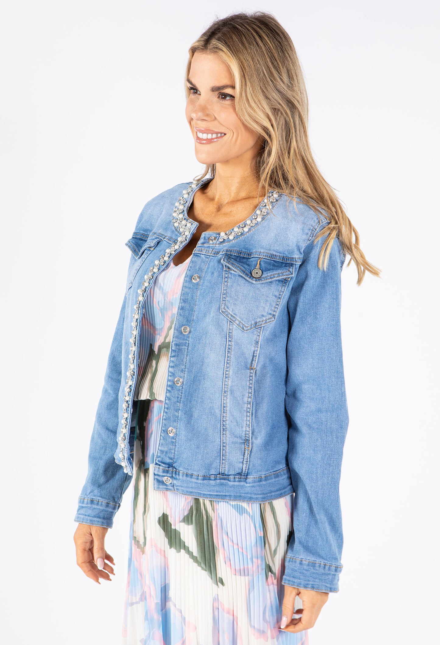 Diamond & Pearl Trim Denim Jacket