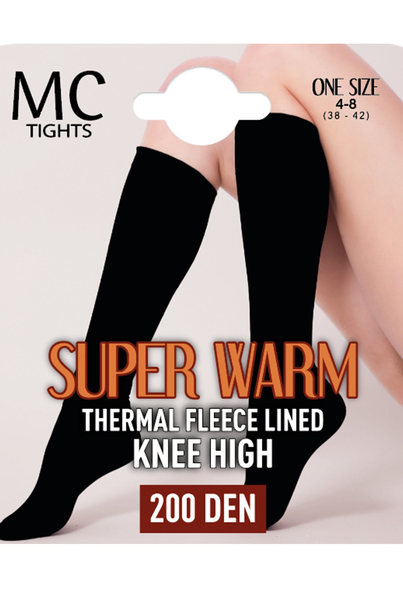 Black knee-high tights with text on a beige background