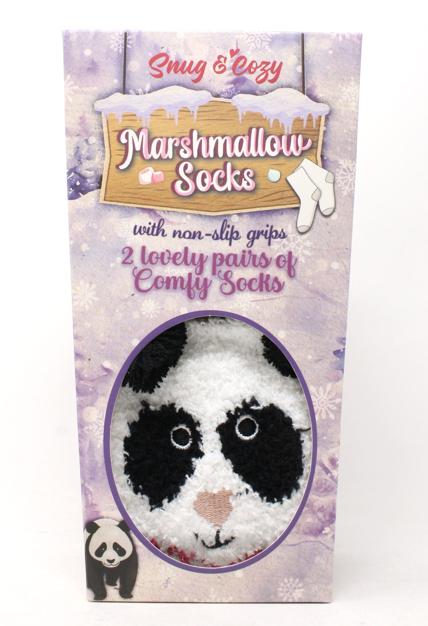Packaging of Marshmallow Socks with a panda design on a light purple background
