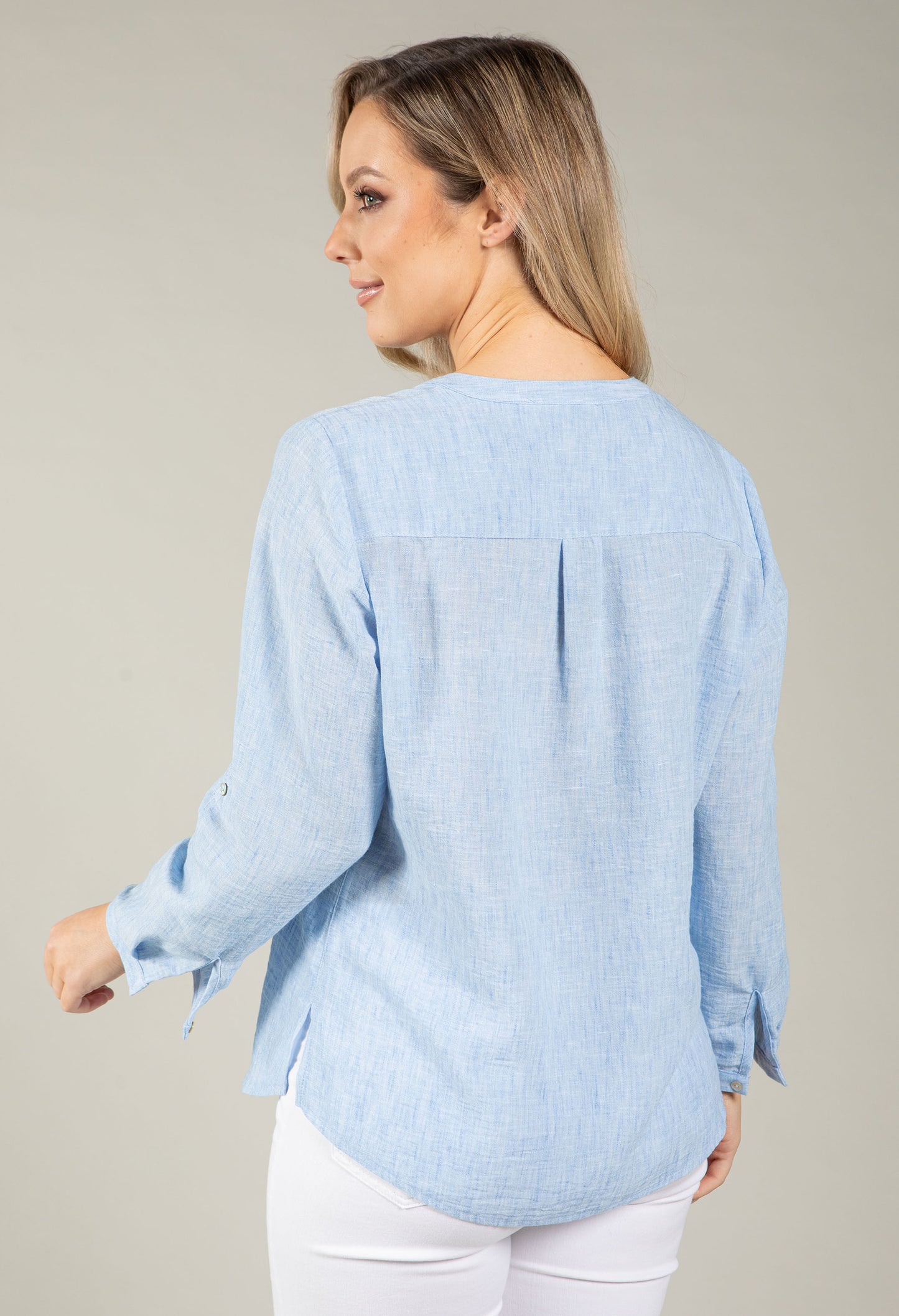 Front Pocket Linen Look Blouse