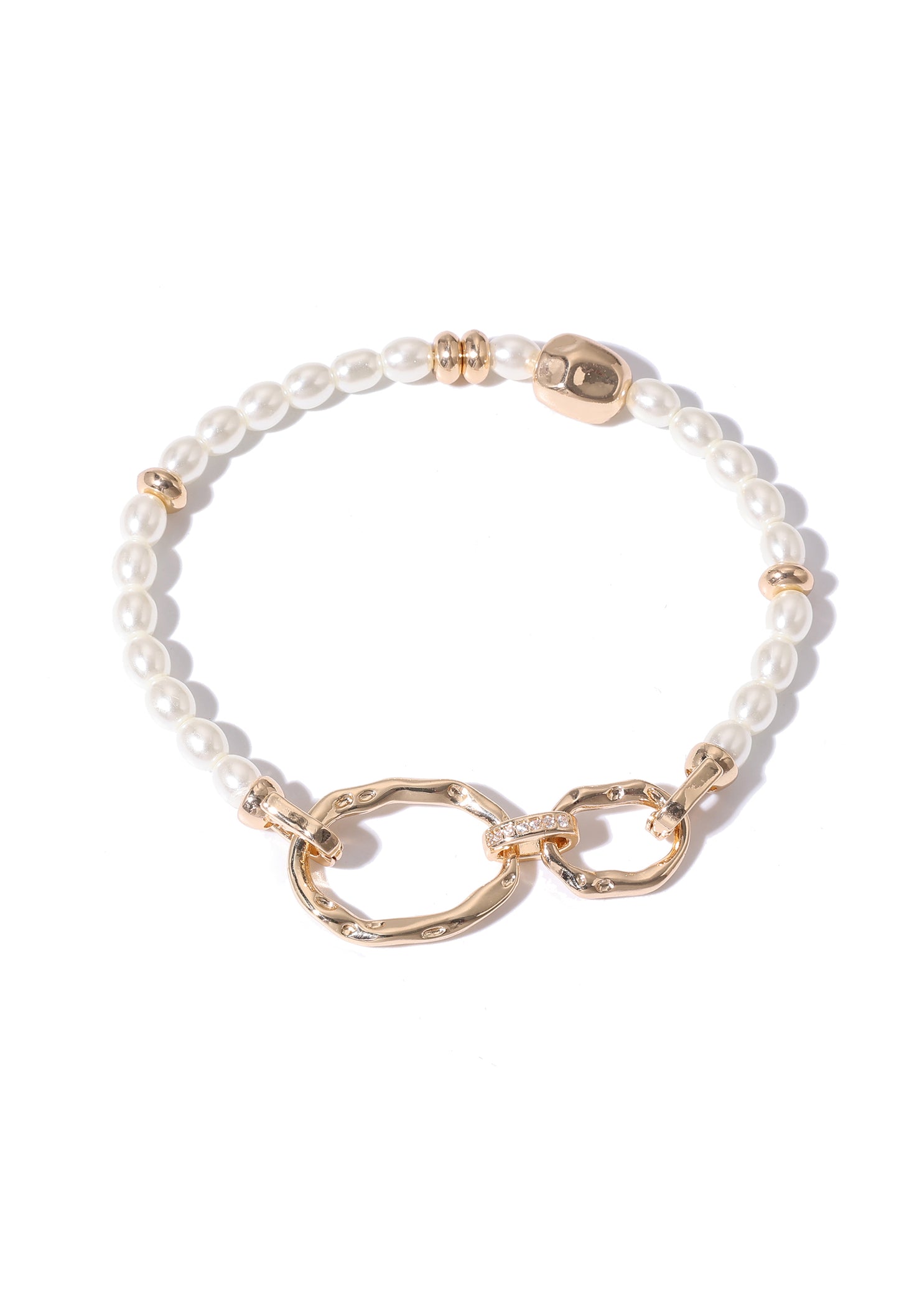 Bracelet with white beads and gold accents on a white background