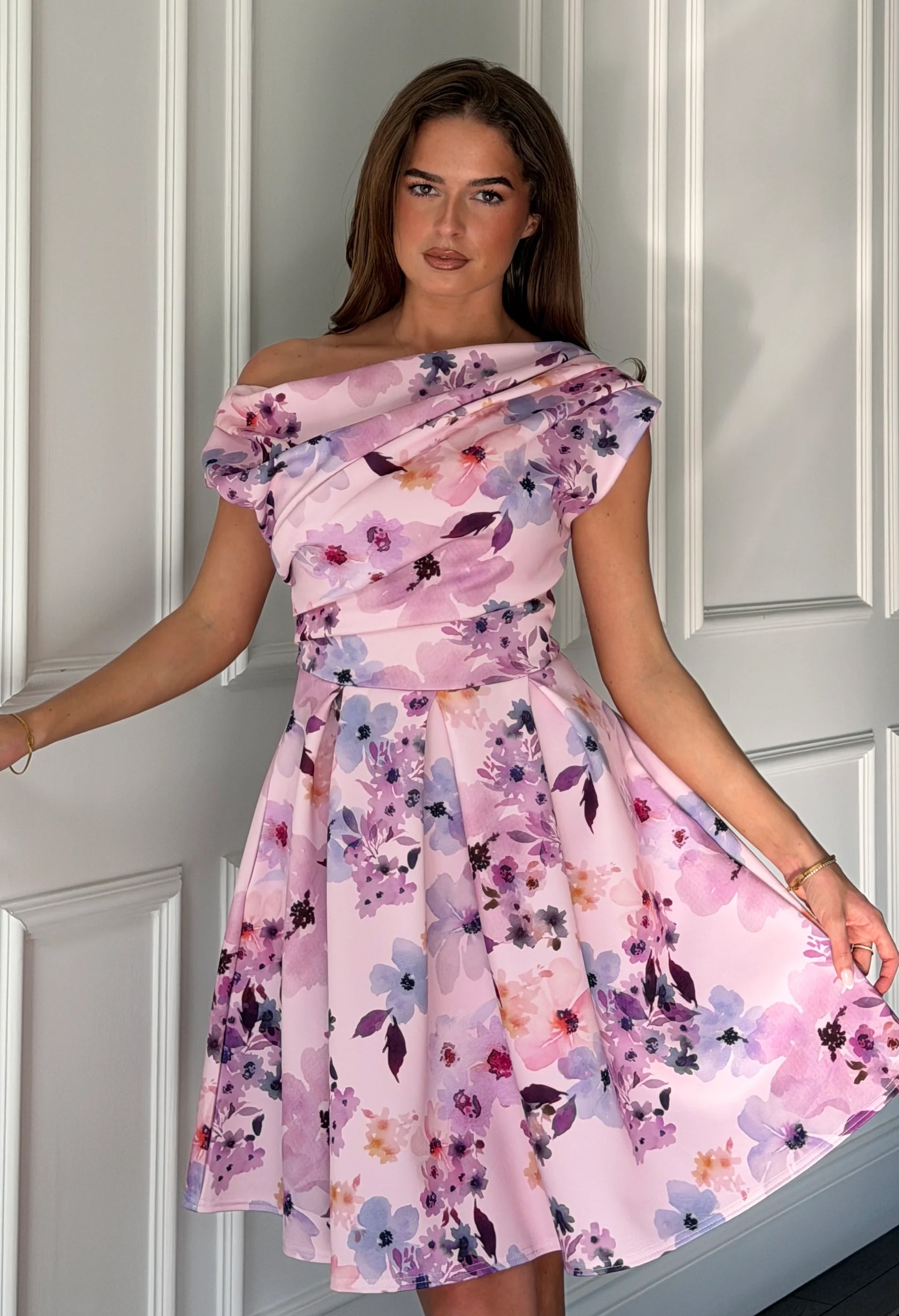navy blue dress for baby girl Mikado Floral V-Neck Asymmetric Hem Skater Dress main image 0