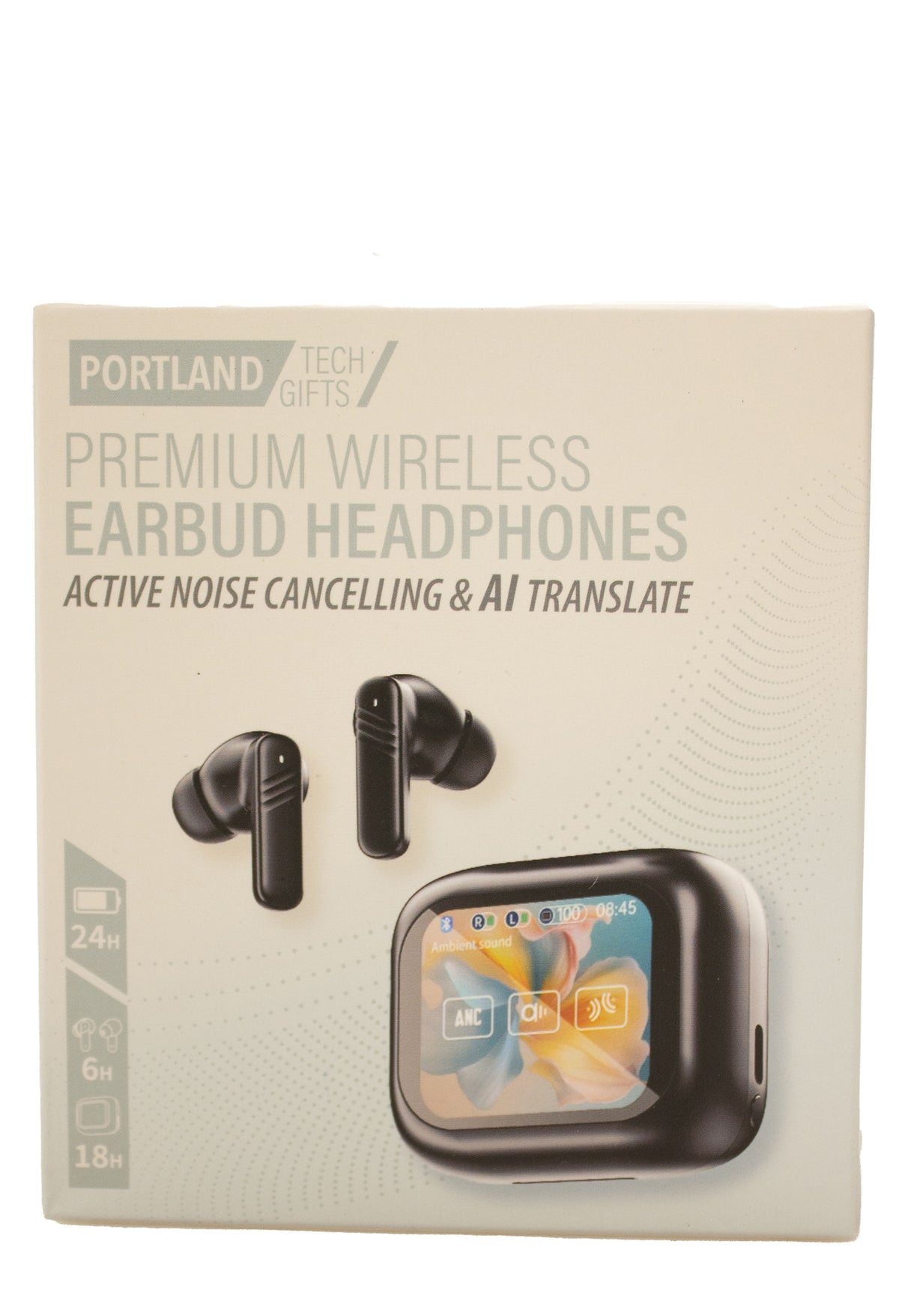 Portland Tech Gifts premium wireless earbud headphones in its original packaging, featuring a beige box with black earbuds and a charging case illustration.