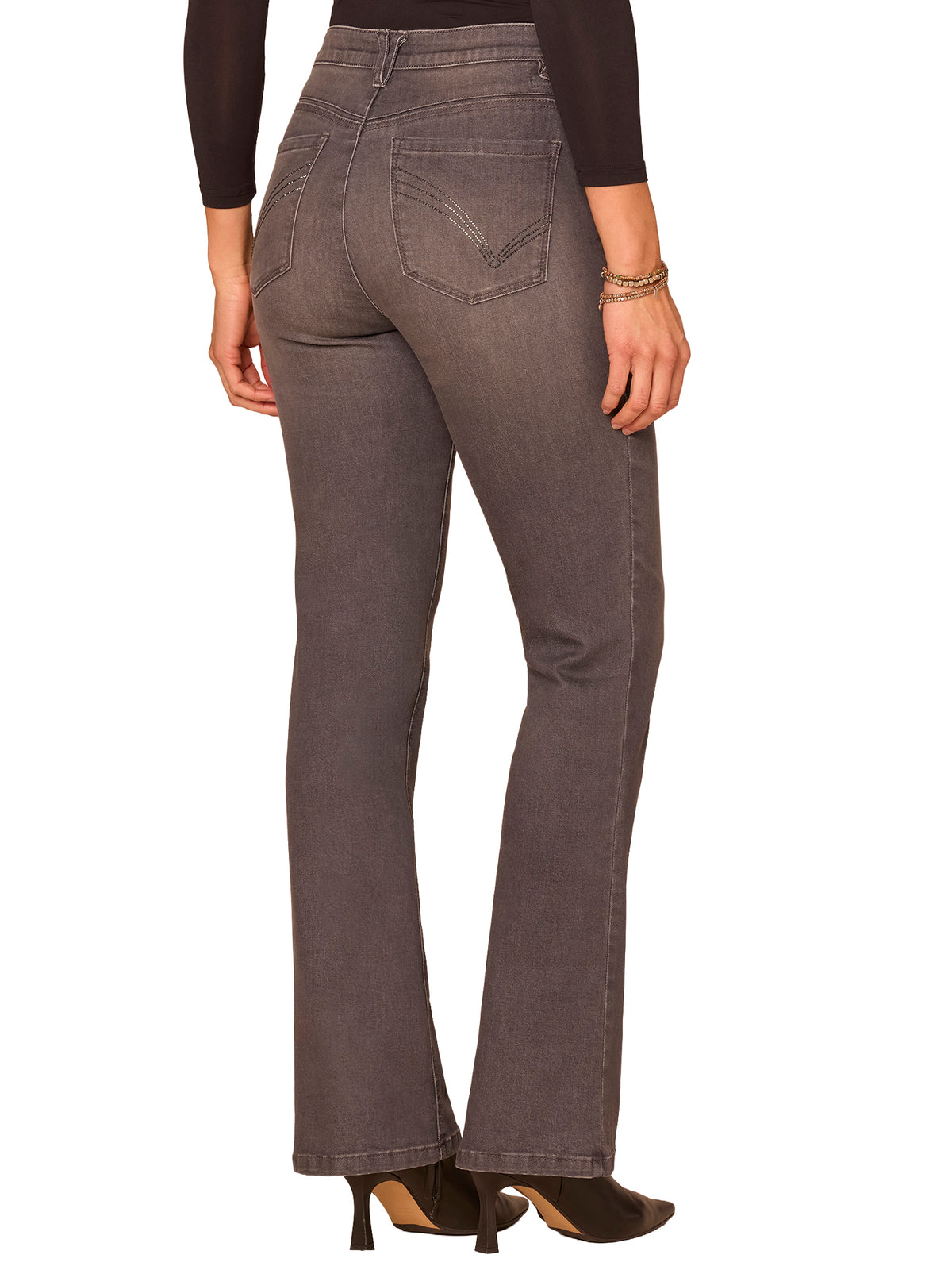 "Ab"solution® Rhinestone Cascading Pocket Itty Bitty Boot Grey Jeans