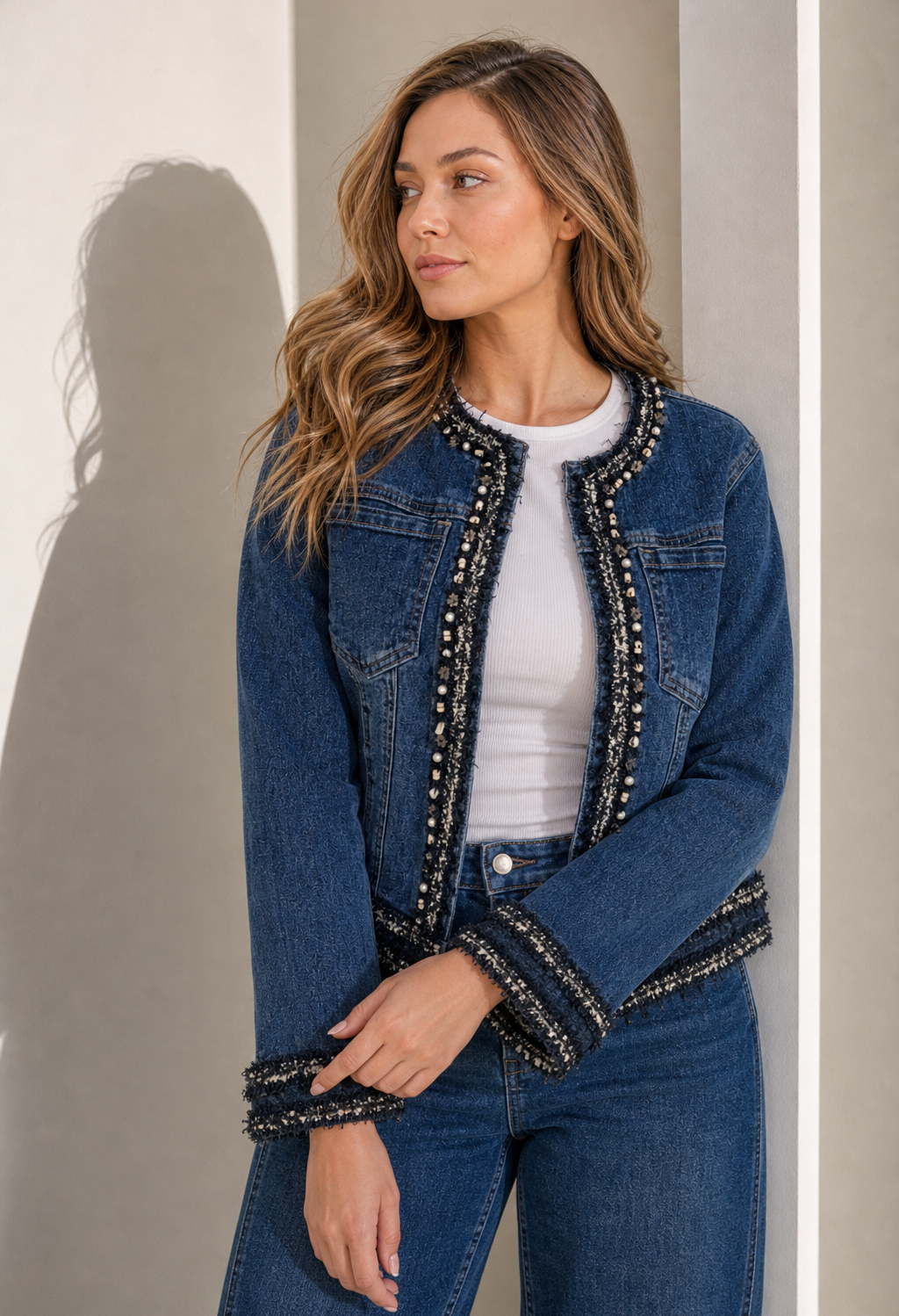 Pearl Trim Denim Jacket