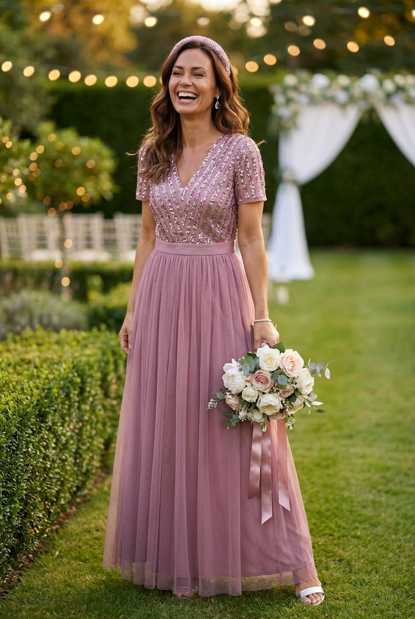 Maya Lotus Pink V NECK SEQUIN AND TULLE DRESS WITH TIE WAIST