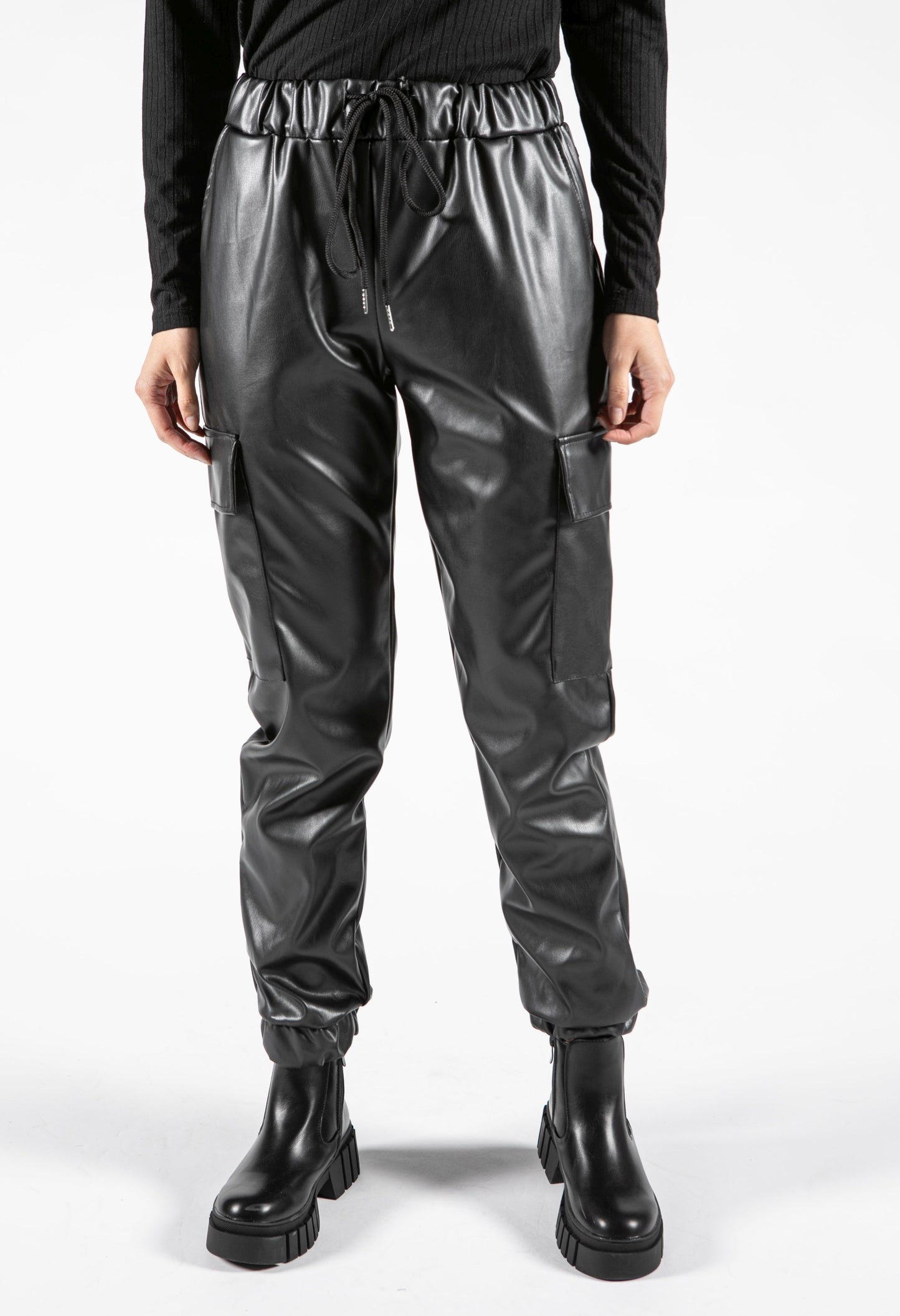 Faux Leather Cargo Style Trousers