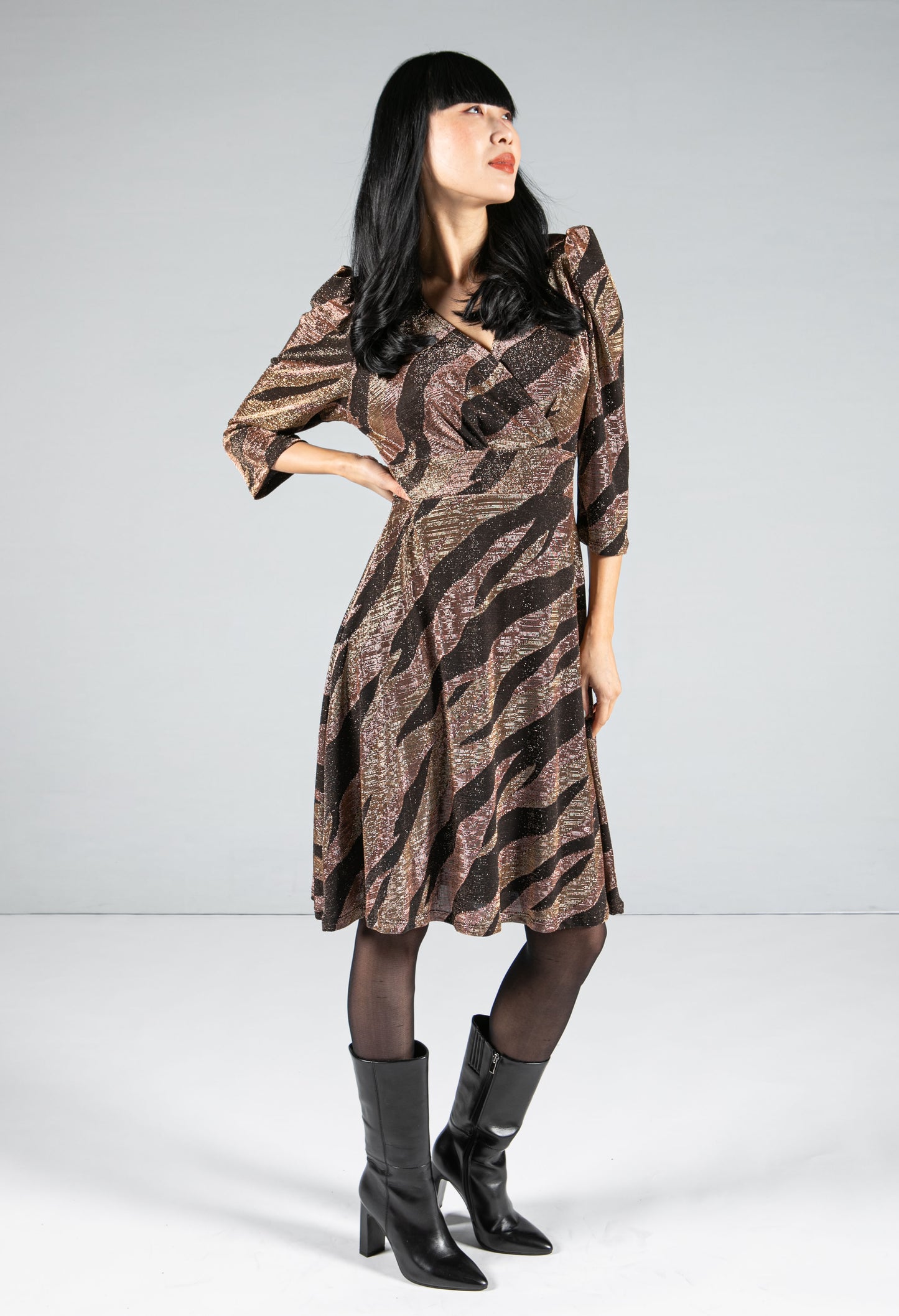 Soft Lurex Design Wrap Style Bodice Dress
