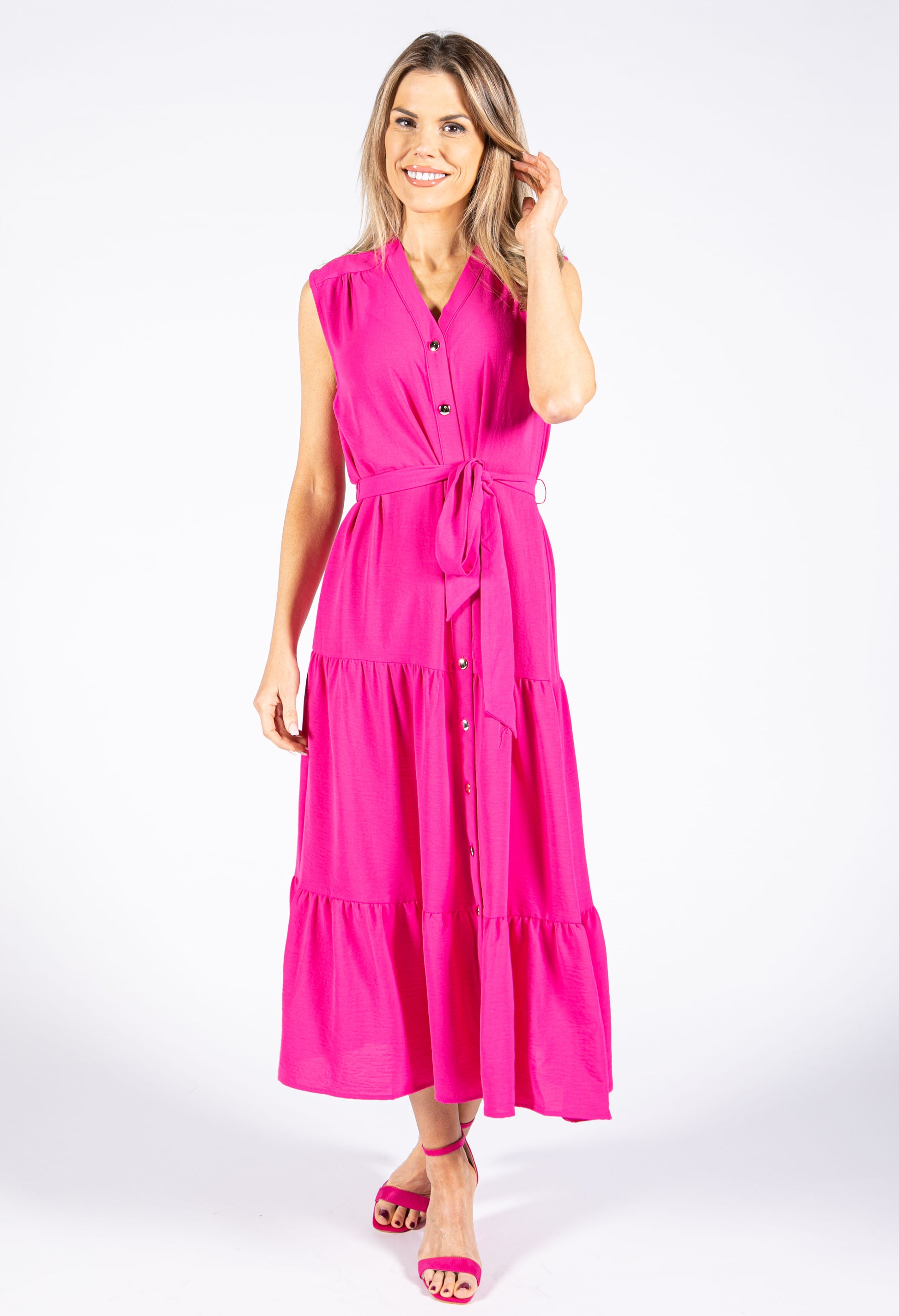 The Trend Room Hot Pink Tiered Button Down Dress | Pamela Scott The Trend Room Hot Pink Tiered Button Down Dress | Pamela Scott