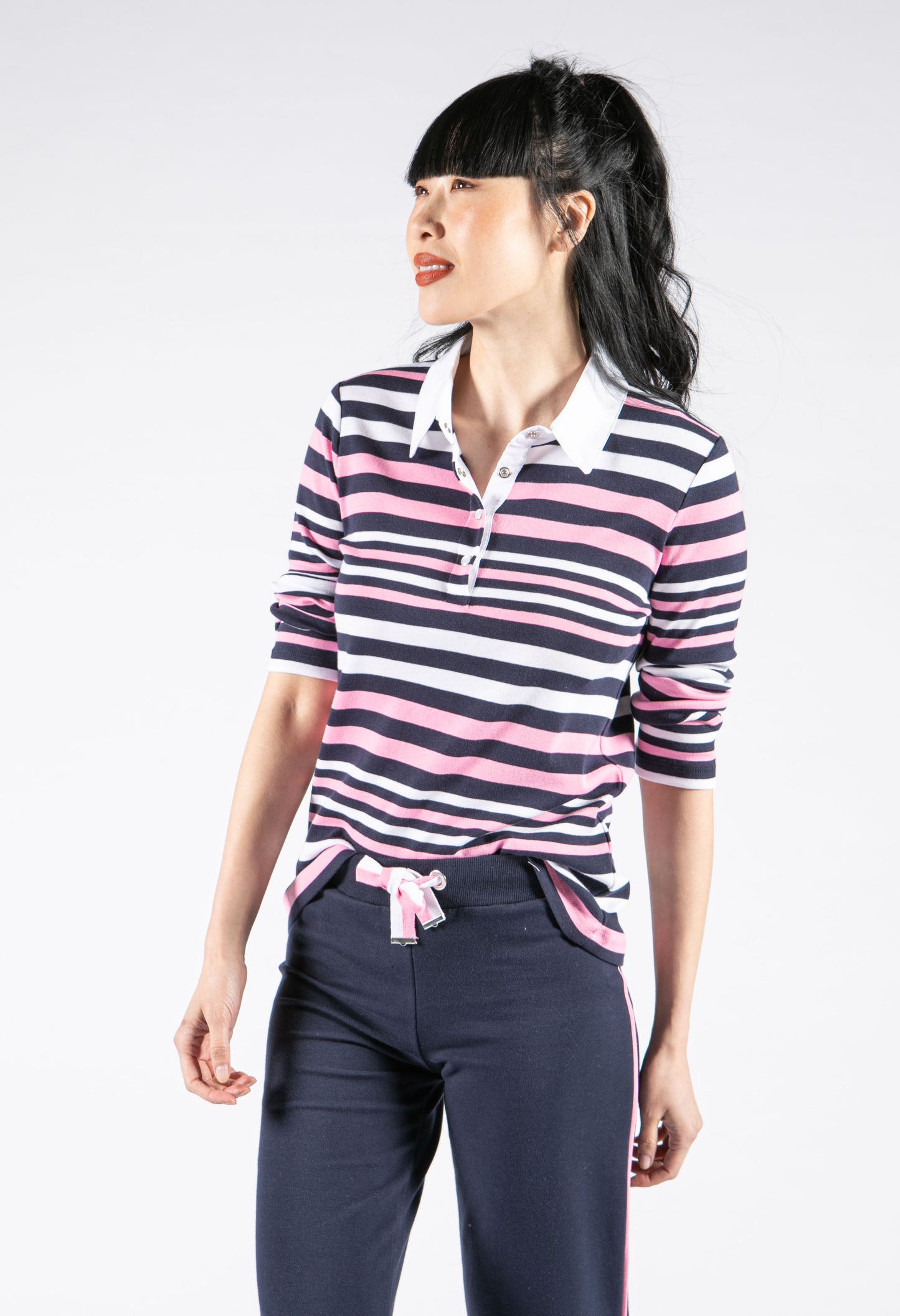 Candy and Navy Striped Polo Top