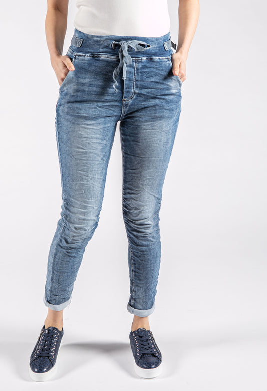 Crinkle Style Pull on Denim Trousers