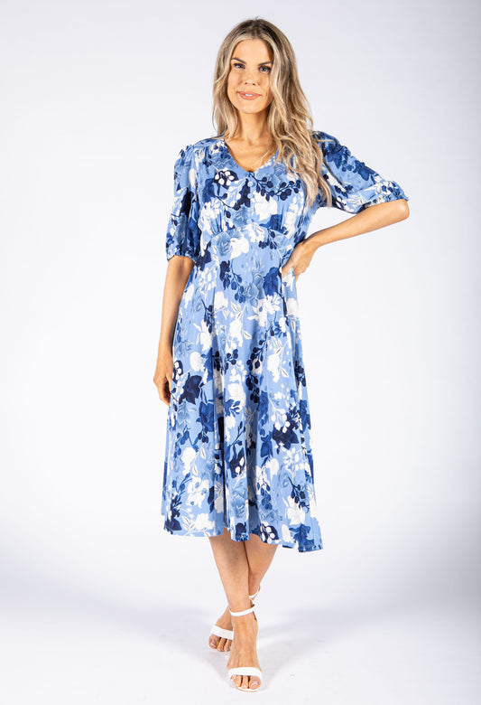 Floral Print Dress in Blue Mix