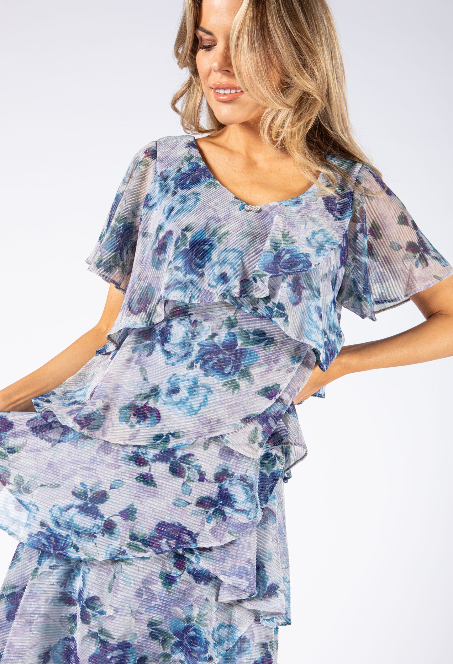 Floral Ribbed Lurex Tiered Dress