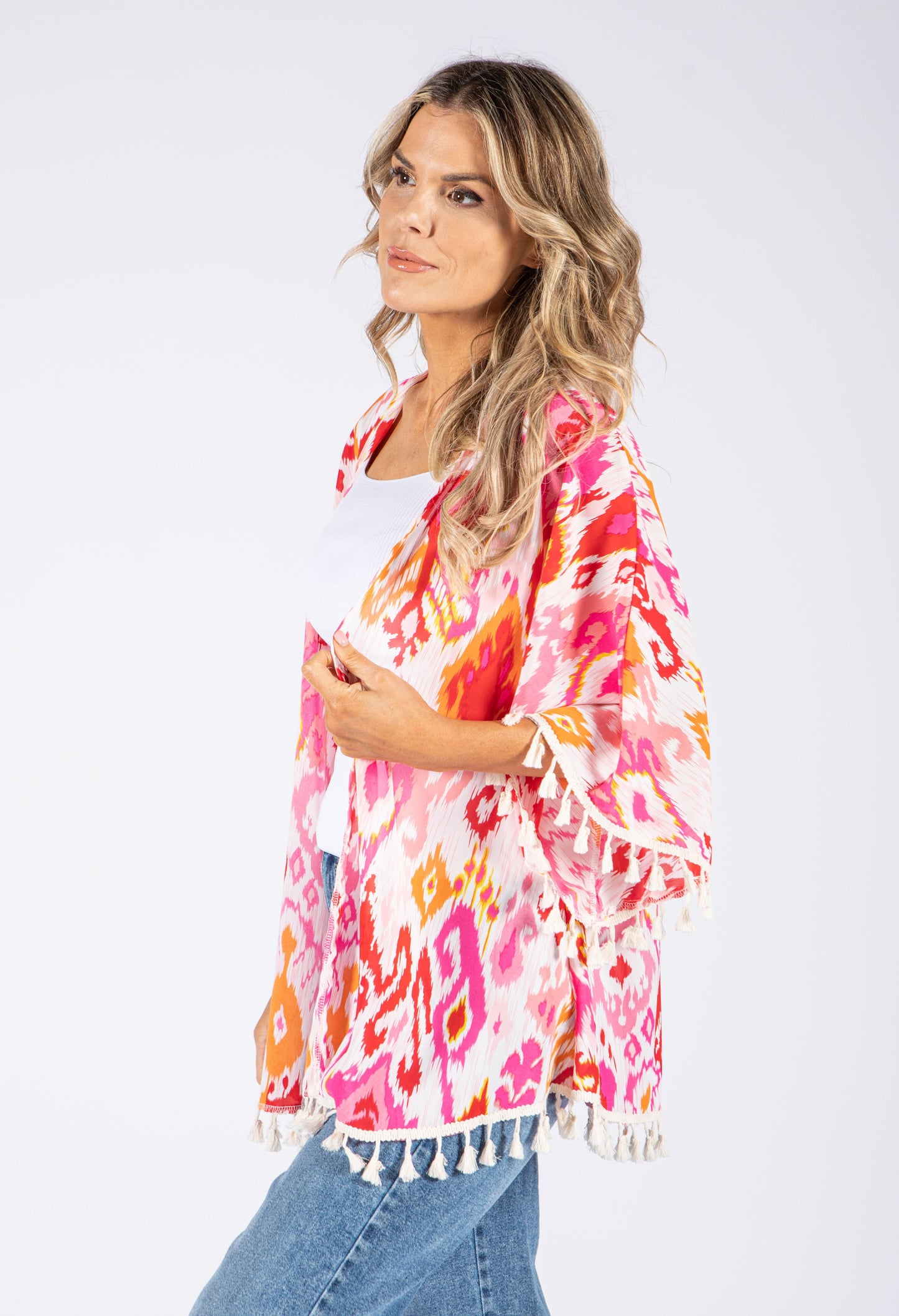 Colour Mix Kimono with Tassel Hem