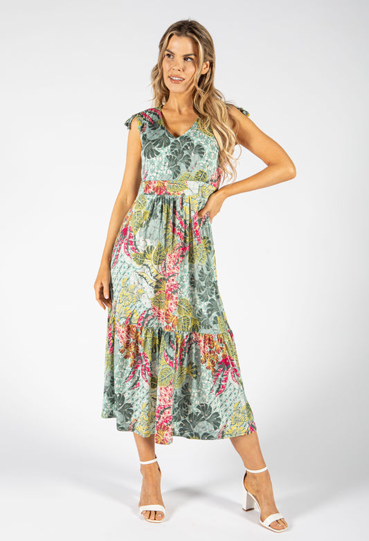 Tropical Bloom V Neckline Dress