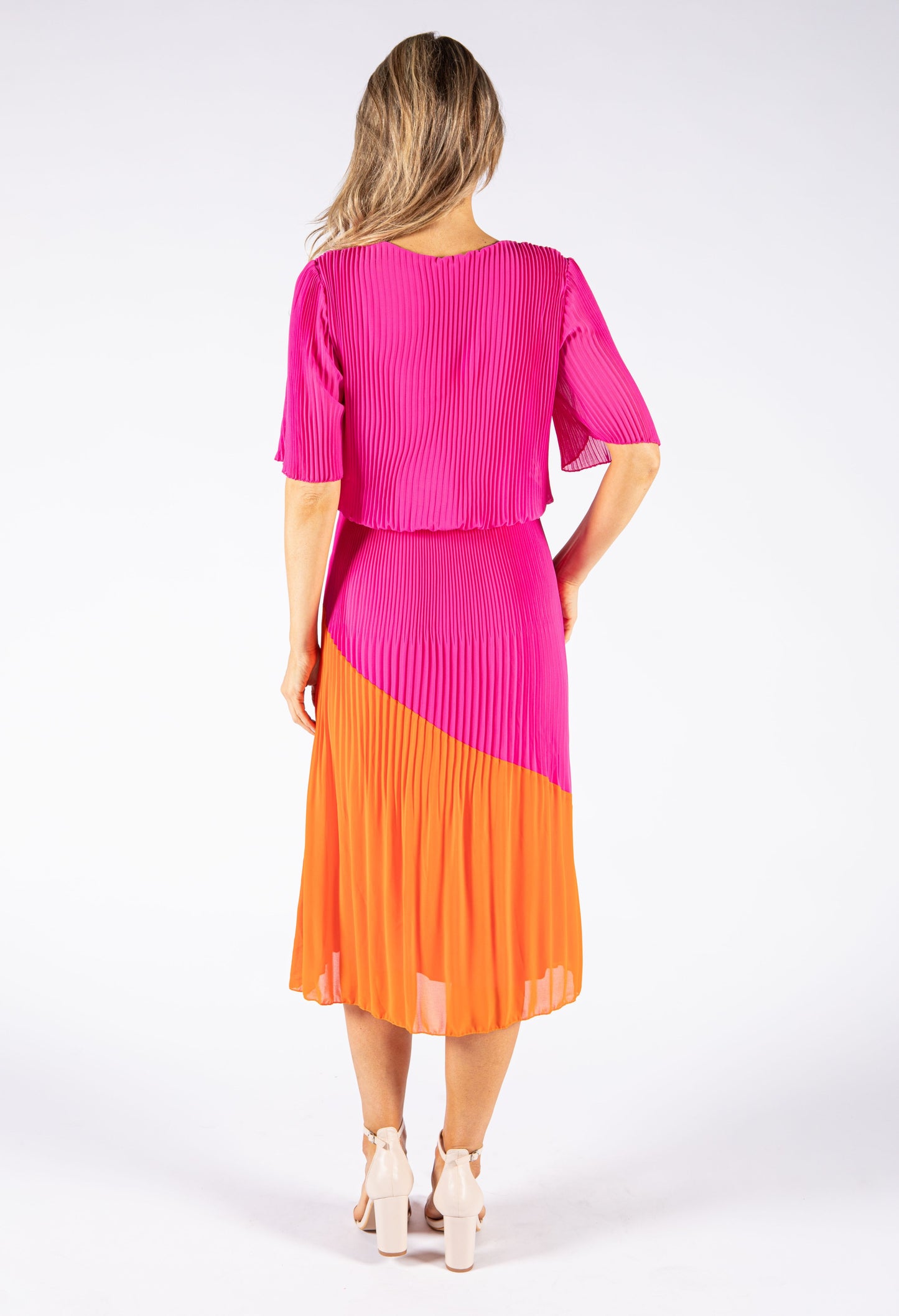Colour Block Plisse Pop Over Dress Orange/Pink
