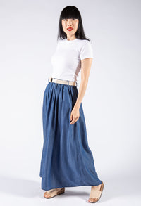 Denim Look Belted Maxi Skirt