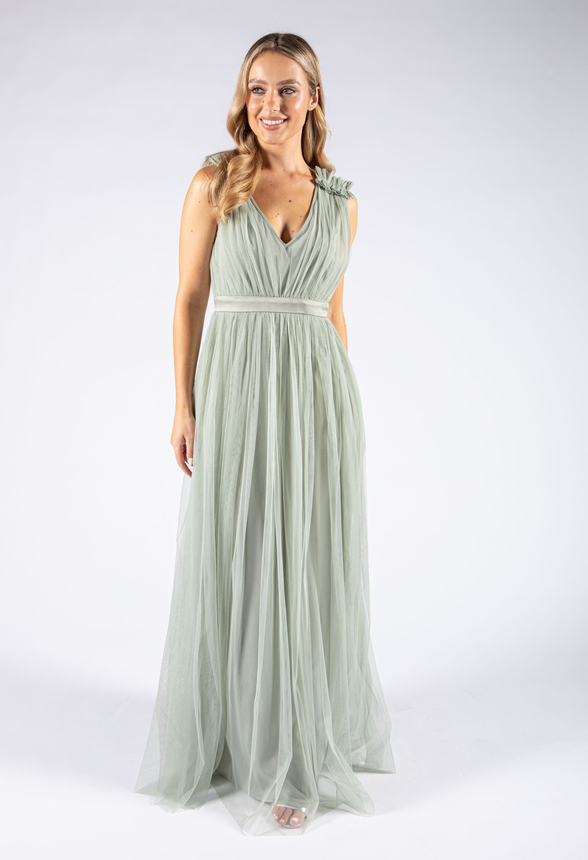 Maya Maxi Dress With Ruffle Shoulder Detail in Green Lily Pamela