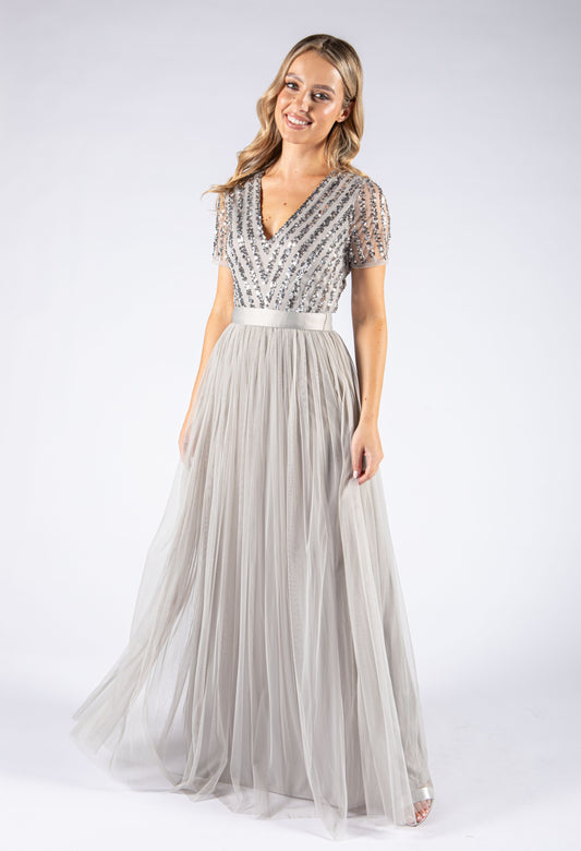 SOFT GREY V NECK SEQUIN AND TULLE DRESS WITH TIE WAIST