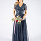 NAVY V NECK SEQUIN AND TULLE DRESS WITH TIE WAIST