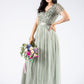 SAGE V NECK SEQUIN AND TULLE DRESS WITH TIE WAIST