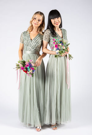 SAGE V NECK SEQUIN AND TULLE DRESS WITH TIE WAIST