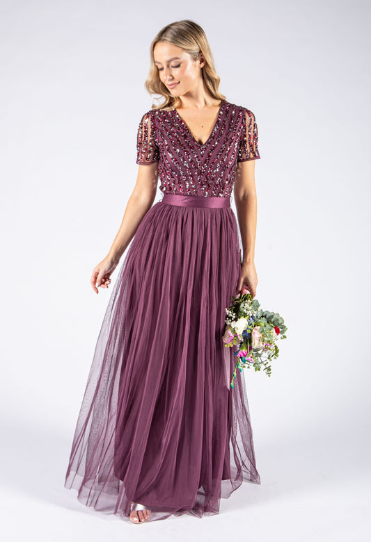 Berry V NECK SEQUIN AND TULLE DRESS WITH TIE WAIST