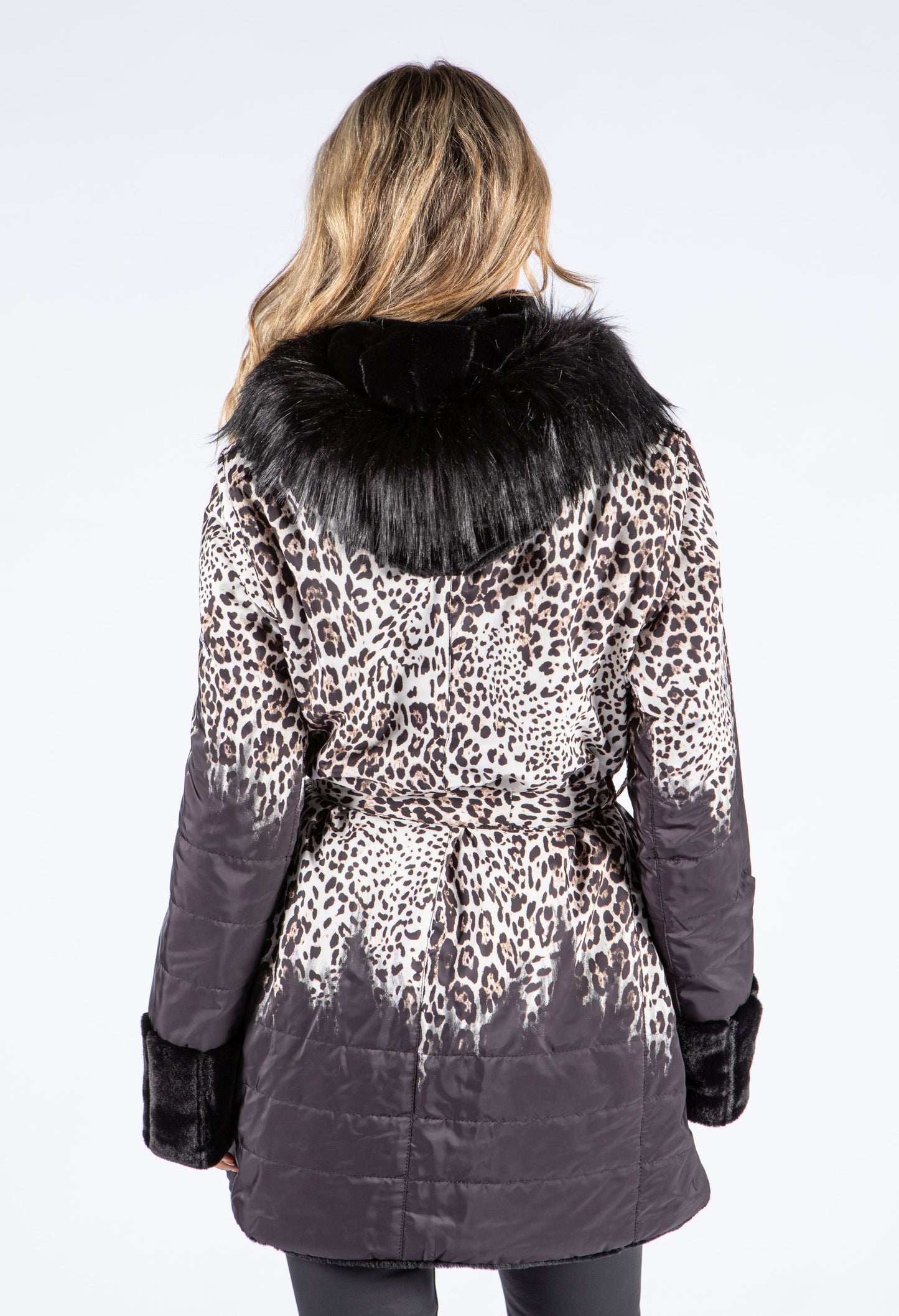 Leo Print Faux Fur Trim Reversible Coat