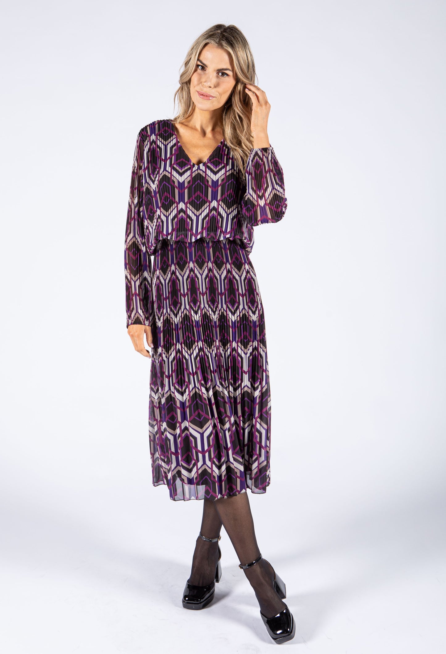 Abstract Print Plisse Popover Dress