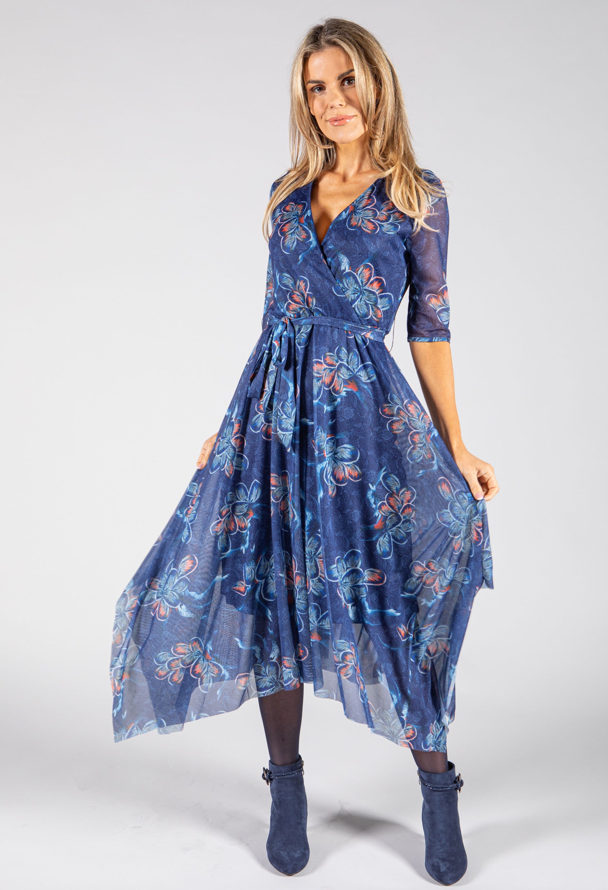 Pamela Scott Floral Print Midi Wrap Dress in Navy | Pamela Scott Pamela Scott Floral Print Midi Wrap Dress in Navy | Pamela Scott