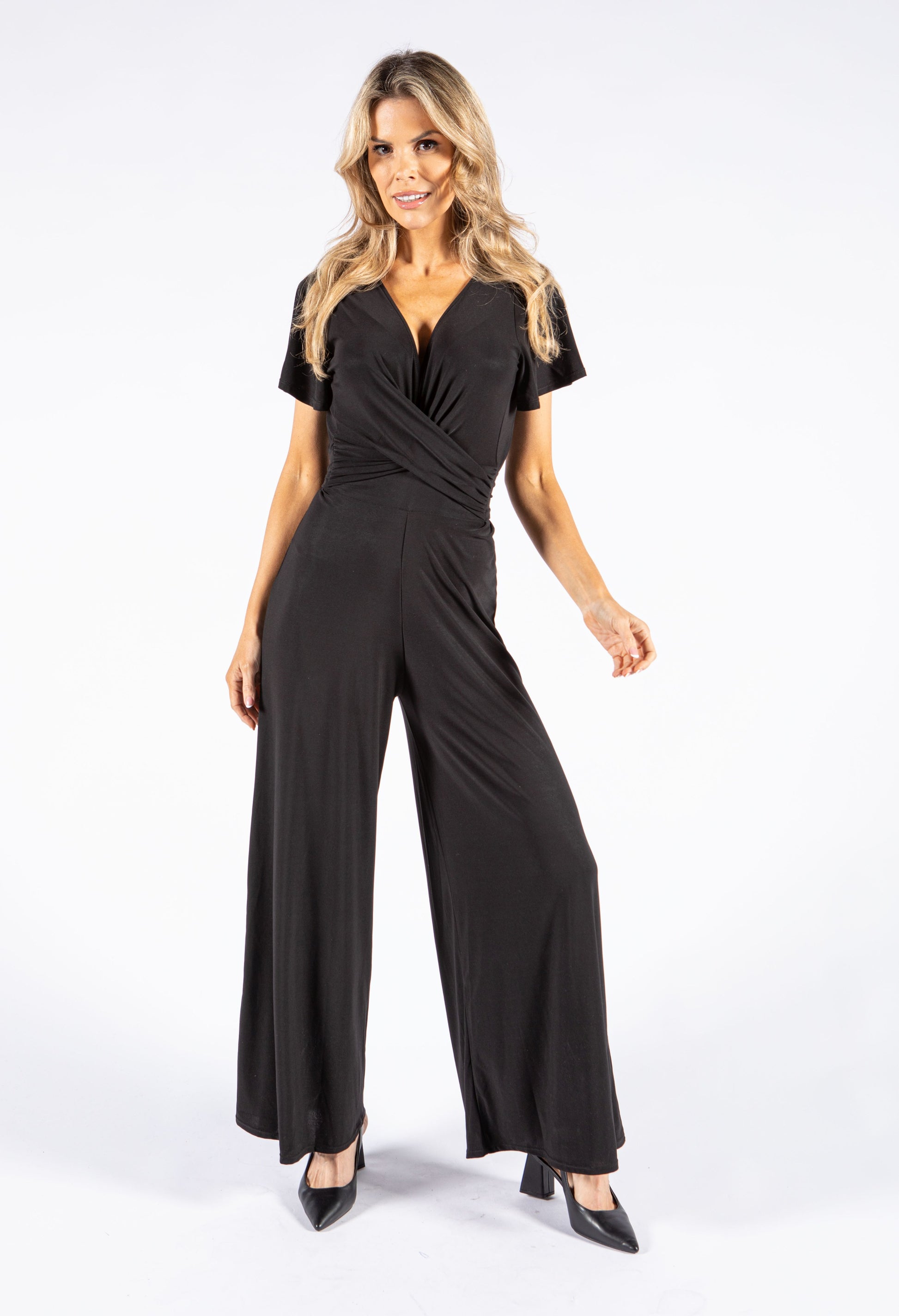 Zapara V Neckline Jumpsuit in Black Pamela Scott