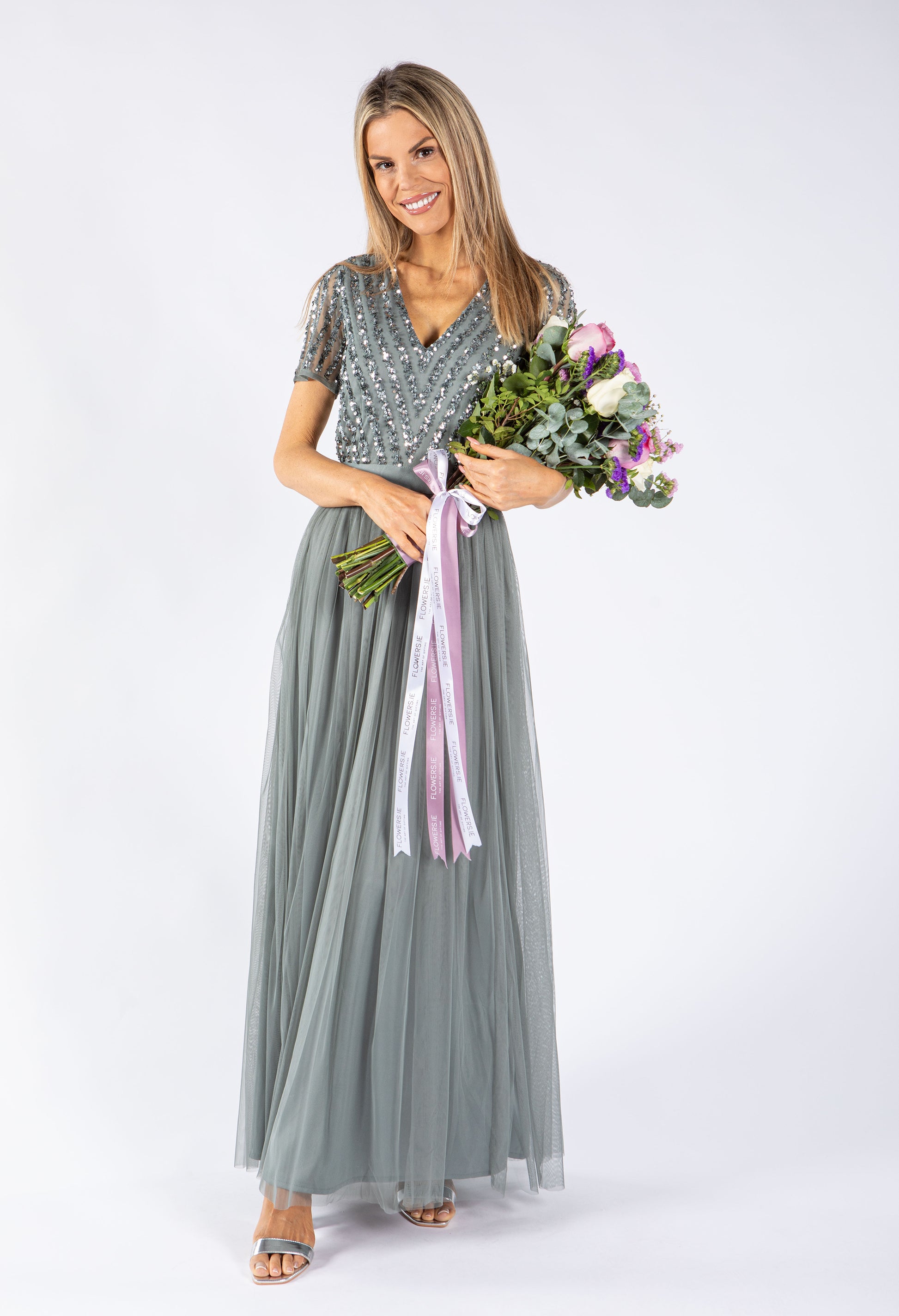 Maya MISTY GREEN V NECK SEQUIN AND TULLE DRESS WITH TIE WAIST | Pamela Scott Maya MISTY GREEN V NECK SEQUIN AND TULLE DRESS WITH TIE WAIST | Pamela Scott