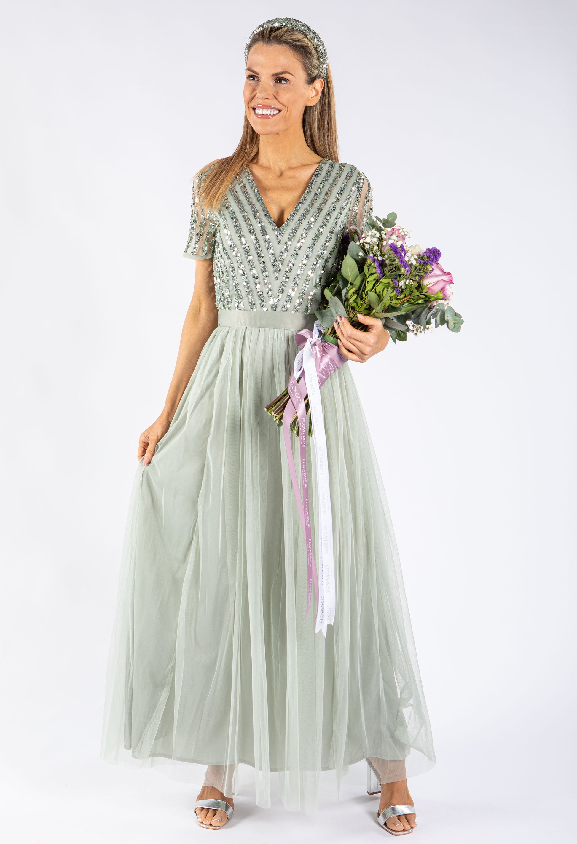 Maya SAGE V NECK SEQUIN AND TULLE DRESS WITH TIE WAIST | Pamela Scott Maya SAGE V NECK SEQUIN AND TULLE DRESS WITH TIE WAIST | Pamela Scott