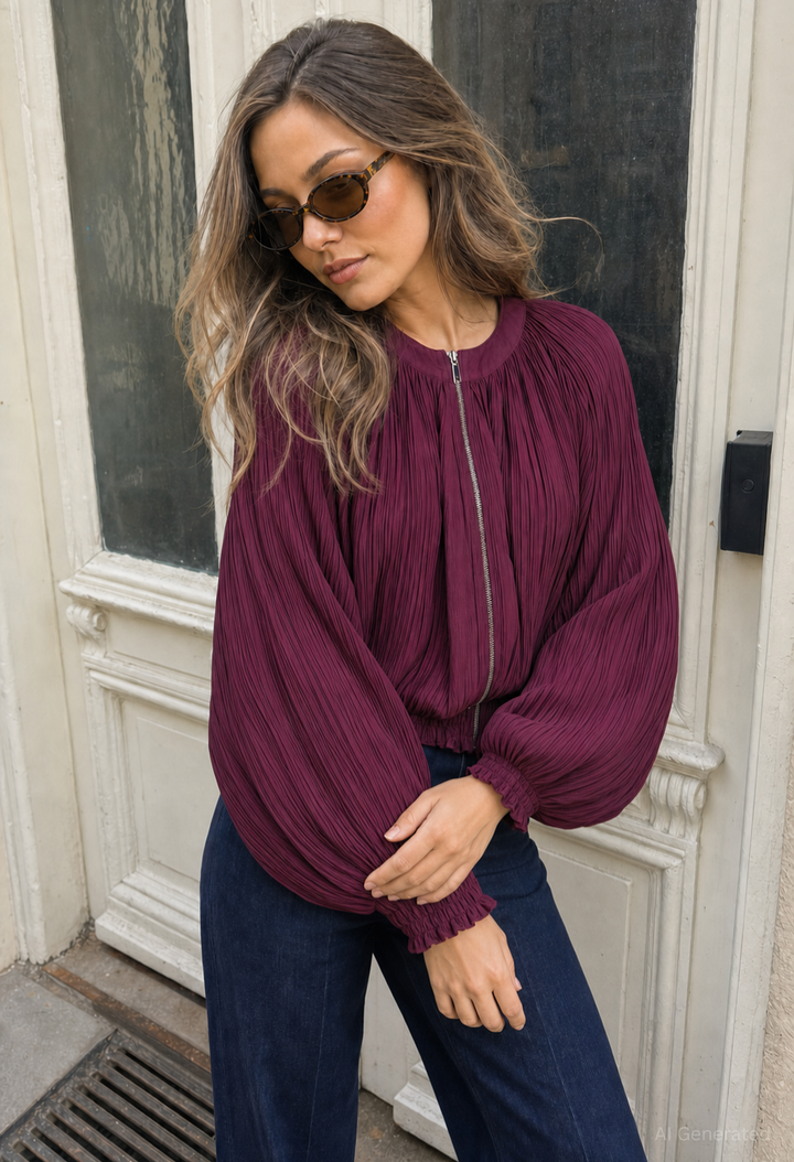 Plisse Pleated Bomber Jacket