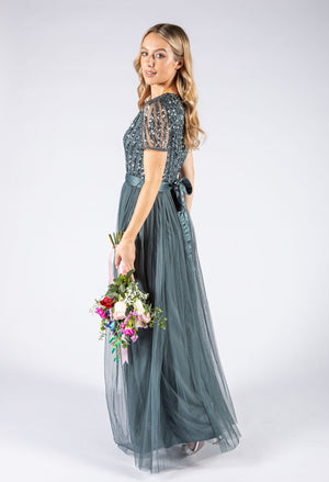 V Neck Sequin and Tulle Dress with Tie Waist