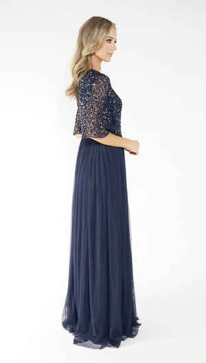 NAVY V NECK TULLE DRESS