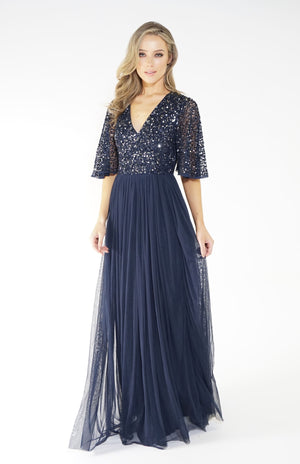 NAVY V NECK TULLE DRESS