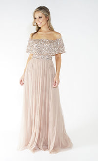 Bardot style tulle dress with delicate sequins